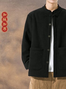冬季中式男装立领盘扣汉服唐装中国风灯芯绒加绒保暖外套夹克红色