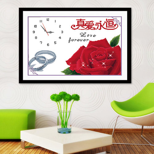 2021新款精准十字绣真爱玫瑰花钟表客厅餐厅时钟挂钟简单小幅线绣