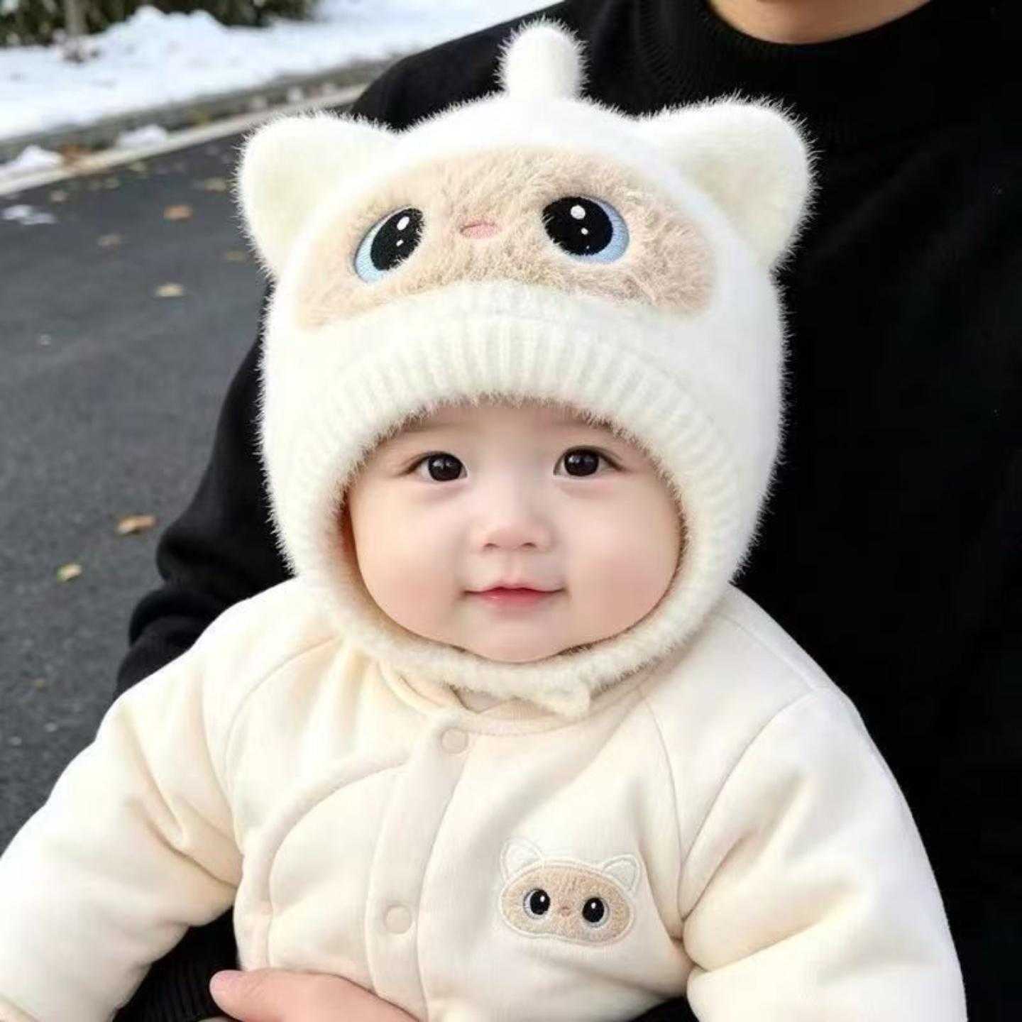 新款猫咪婴幼儿帽子秋冬季可爱男女宝宝护耳帽针织帽舒适加厚保暖
