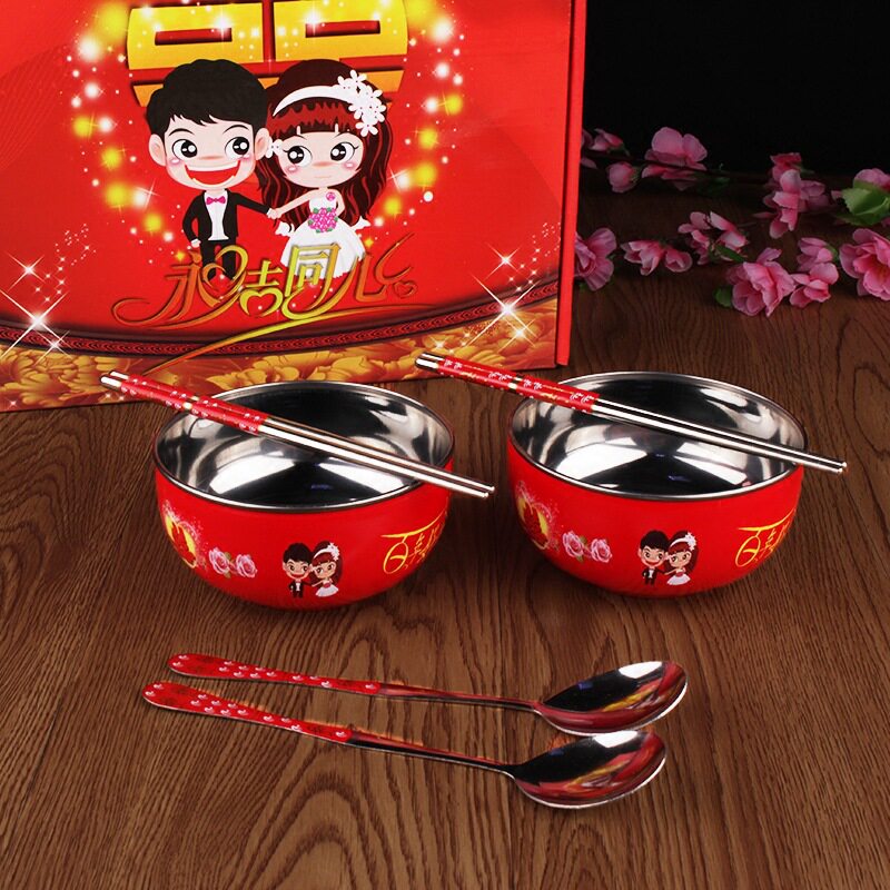 婚庆专用红碗筷套装不锈钢对碗