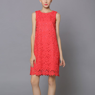 无袖黄色背心a字红色水溶花蕾丝连衣裙子夏镂空大码胖mm白色女夏