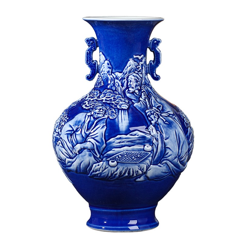 蓝色手工雕刻陶瓷花瓶古典中式客厅插花装饰品玄关博古架瓷器摆件