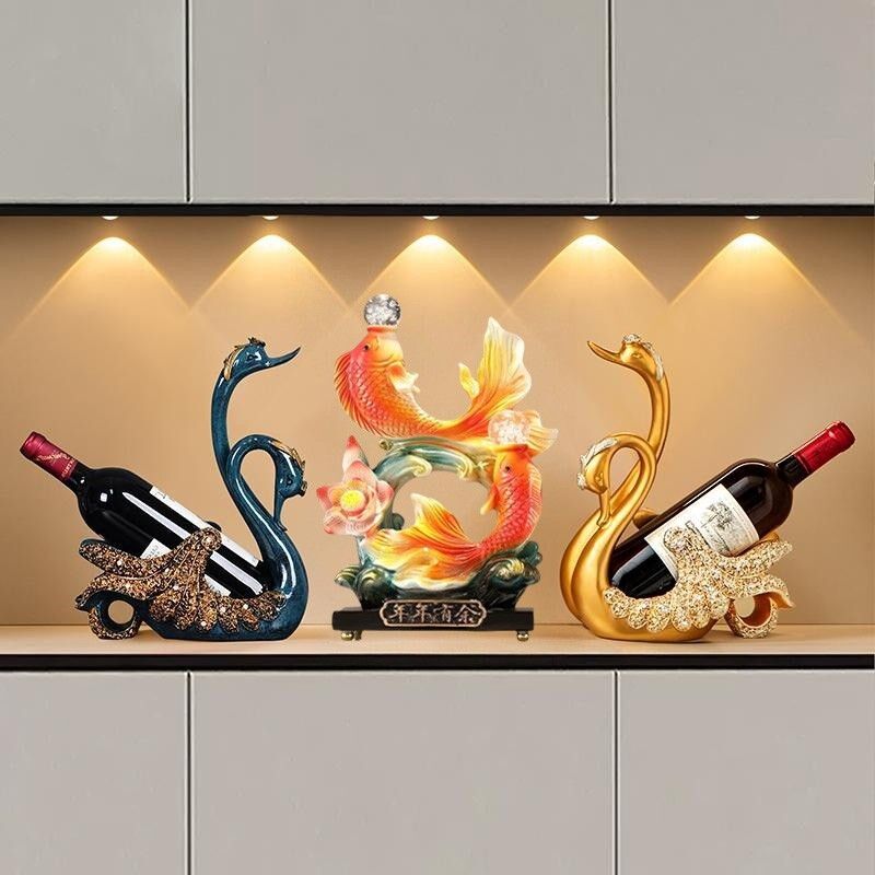 新品【三件套】双珠凤尾金鱼天鹅酒架套装摆件客厅酒柜玄关摆设