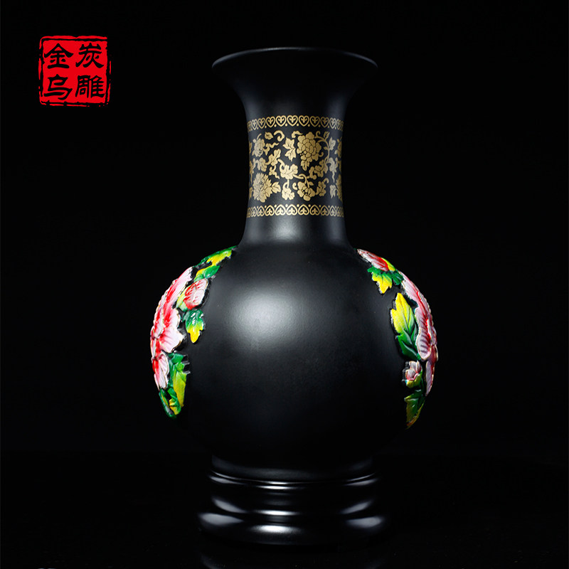 金乌炭雕 富贵芙蓉天球瓶 炭雕家居玄关客厅电视柜摆件花瓶工艺品