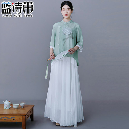 唐装改良汉服中国风女装斜襟盘扣雪纺上衣中式复古禅意茶服女春夏