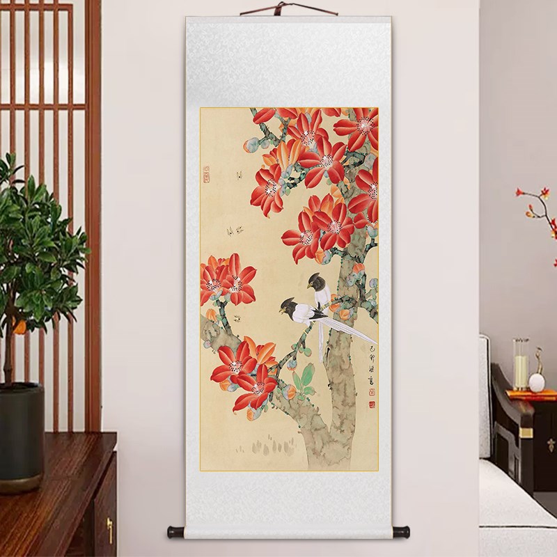 中式花鸟喜鹊国画古典卷轴挂画客厅书房玄关装饰画中国风茶室壁画
