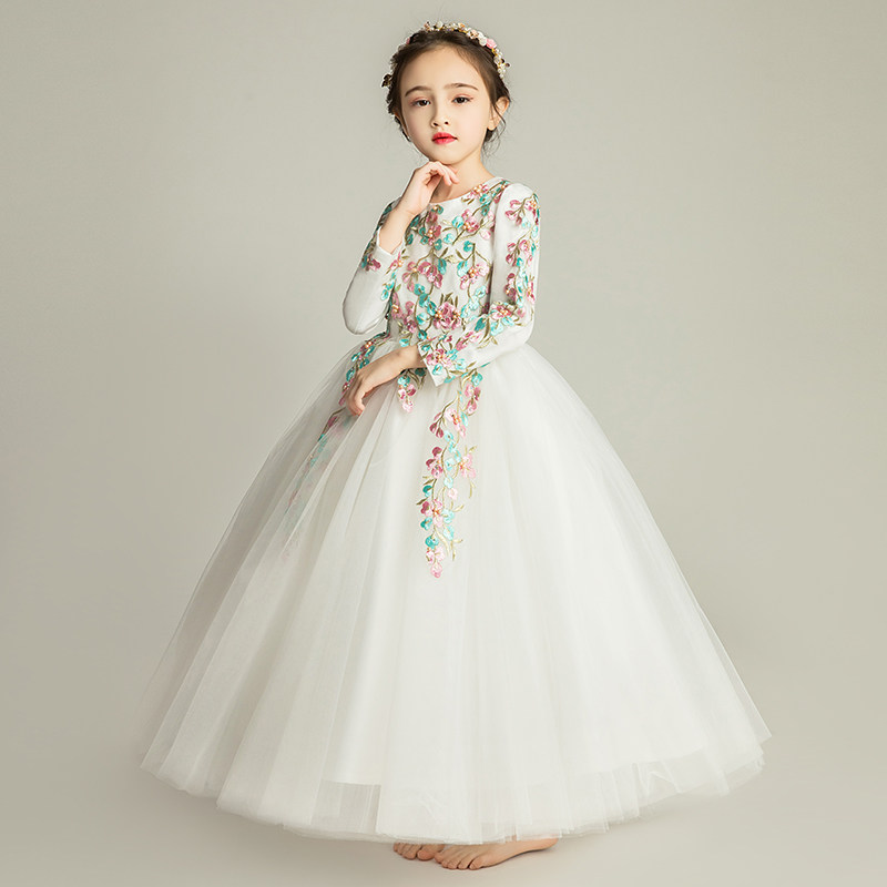 儿童晚礼服公主裙蓬蓬纱小女孩花童婚纱钢琴表演服秋冬长袖白高端