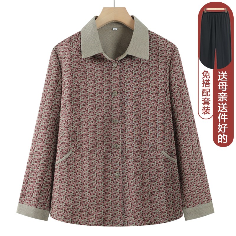 全棉衬衫女中老年人春装上衣新款妈妈春秋款长袖纯棉T恤奶奶衣服