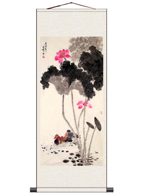 荷花鸳鸯图卷轴画丝绸画花鸟画绢画装饰画国画工笔画宣纸仿古画