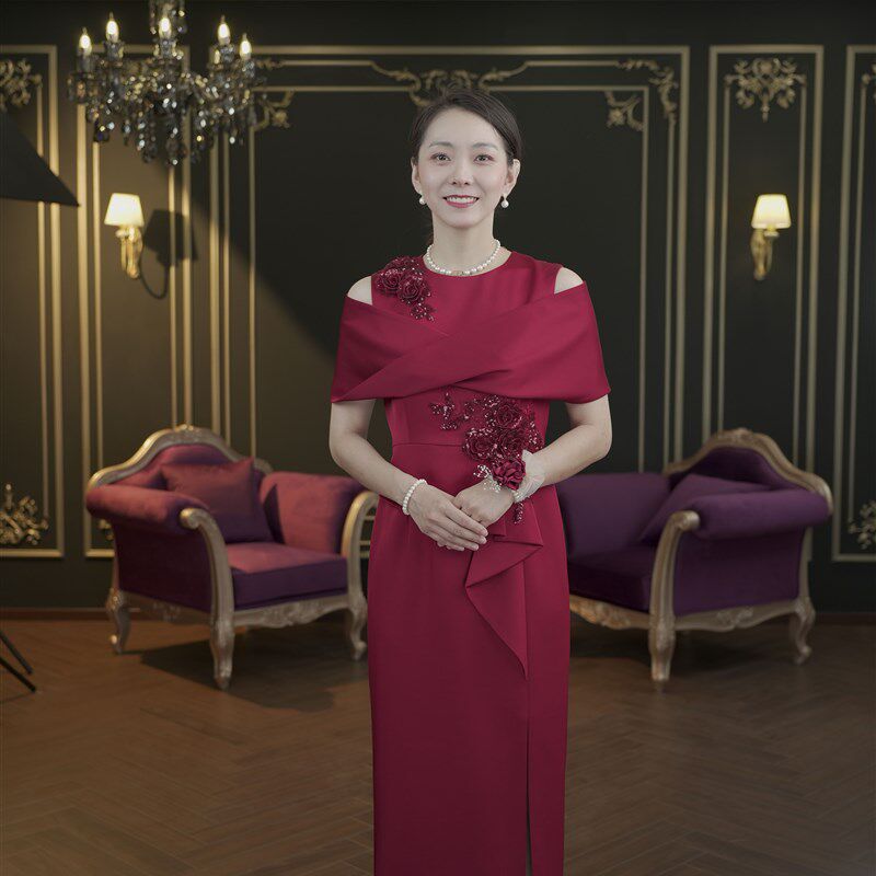 喜妈妈中国红披肩无袖高定圆领气质旗袍宴会婚礼礼服敬酒服861