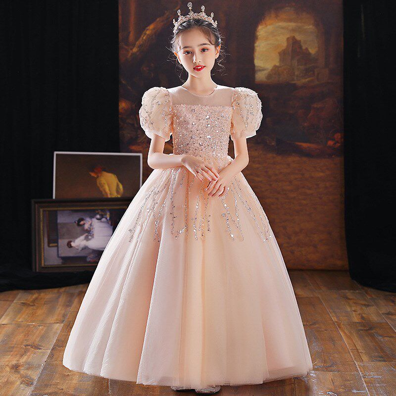 花童主持舞蹈钢琴走秀艺考礼服女童连衣裙亮片中大童胖mm公主裙子