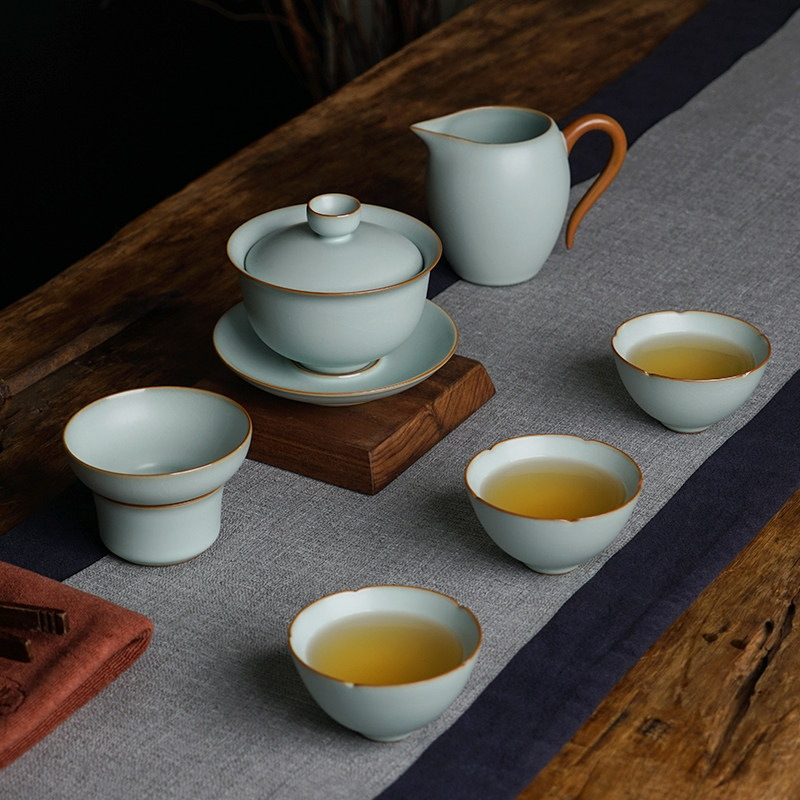 汝窑盖碗茶杯套装礼盒装景德镇汝瓷功夫茶具冰裂开片可养复古青瓷