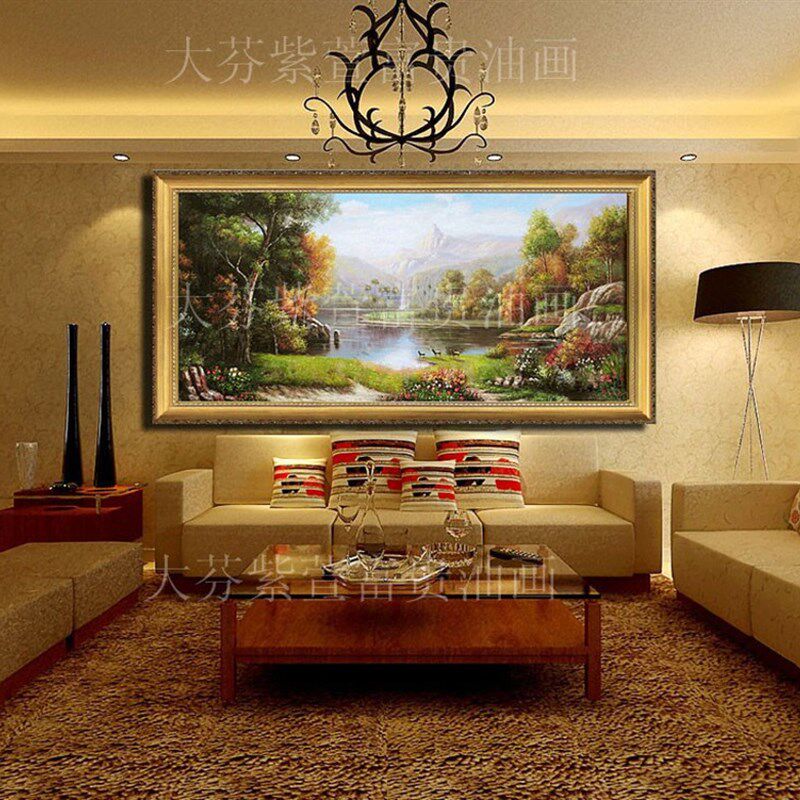 欧式山水油画 手绘古典风景油画 客厅装饰画挂画 聚宝盆 三只小鹿
