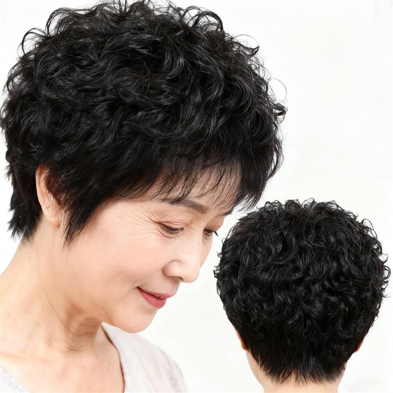中老年假发女短发全真人发妈妈新款日常整顶假发卷发无痕隐形发套