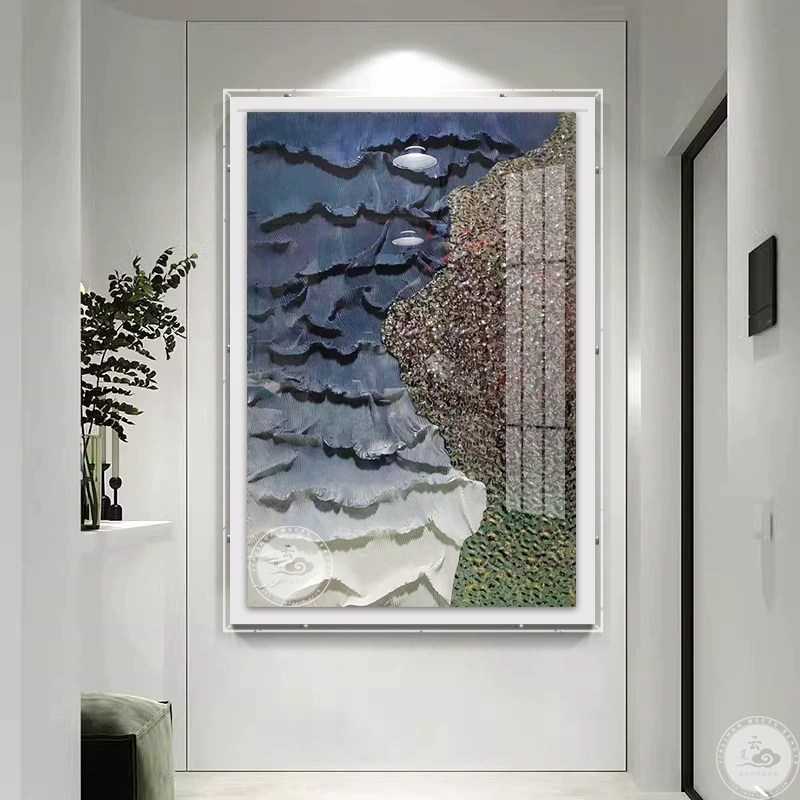现代玄关装饰画轻奢手工立体金属片实物画亚克力罩大气售楼处挂画