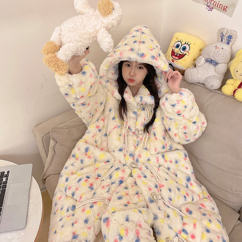 珊瑚绒睡袍女冬季加厚加绒睡衣三层夹棉袄2024新款浴袍家居服套装