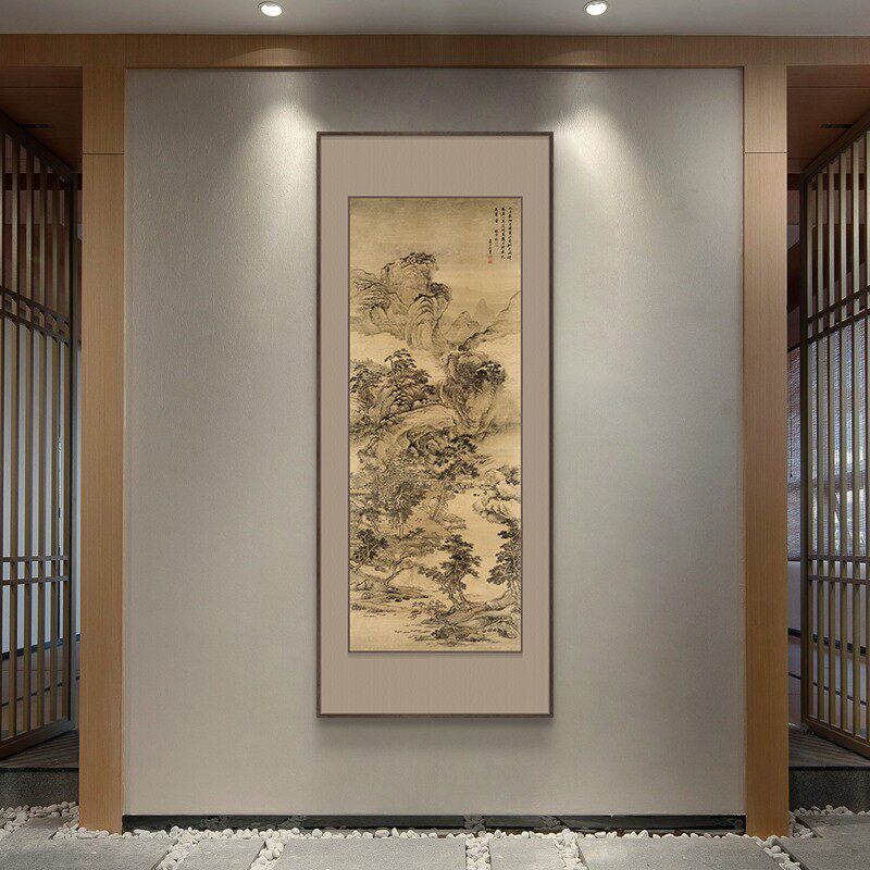明清古典招财挂画立体装裱新中式玄关装饰画走廊尽头过道壁画竖版