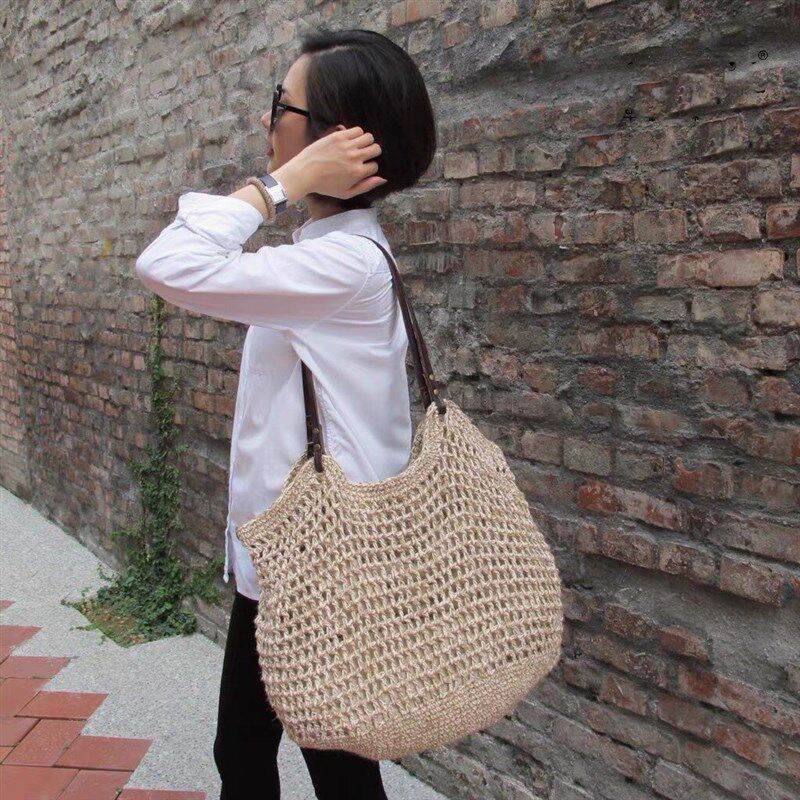 麻朵 棉麻手工编织袋 牛皮背绳钩织包