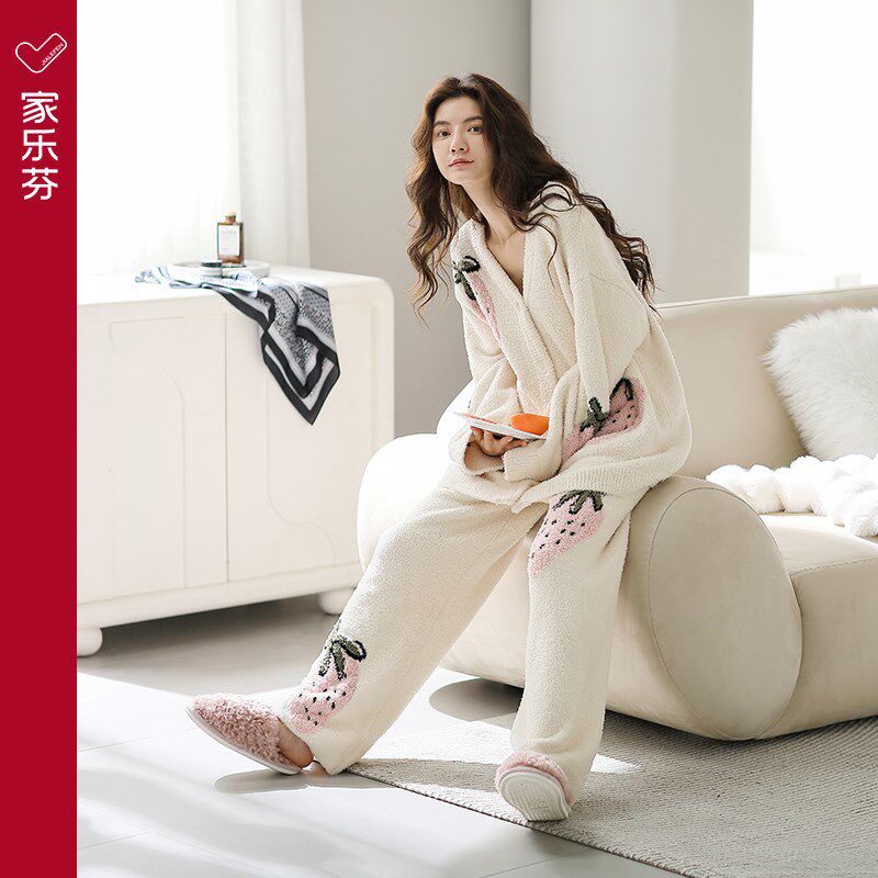 家乐芬睡衣女秋冬款冬季半边绒加厚加绒珊瑚绒保暖家居服套装草莓