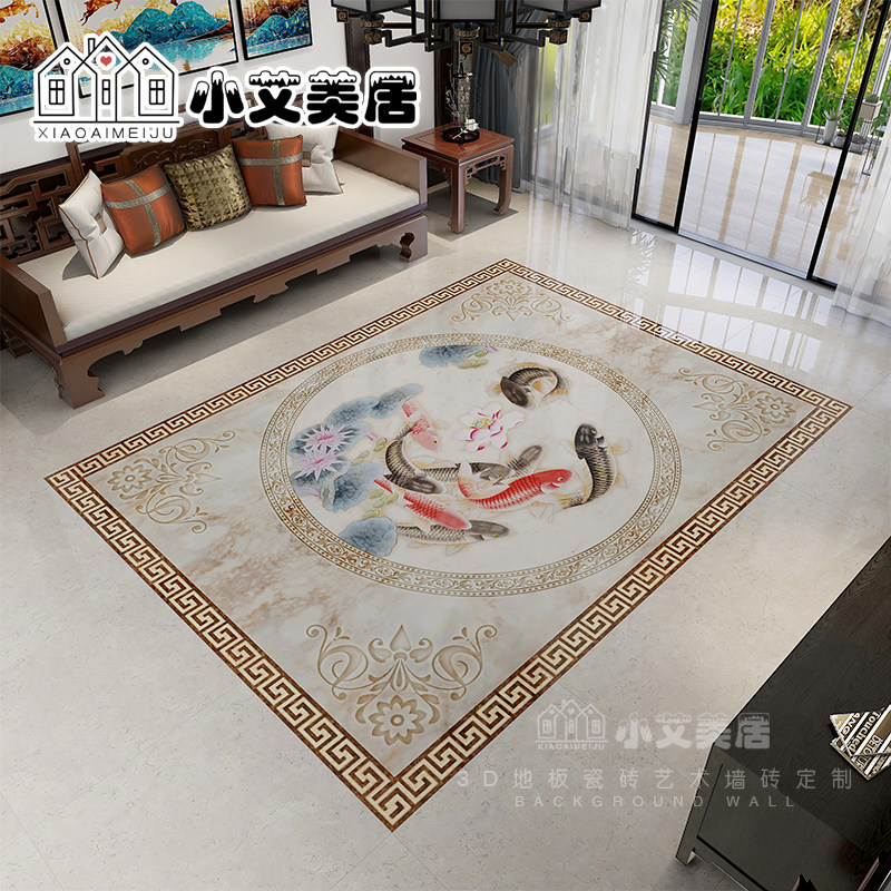 新中式地拼花入户玄关地板砖微晶石地砖定制仿水刀九鱼图鲤鱼拼图