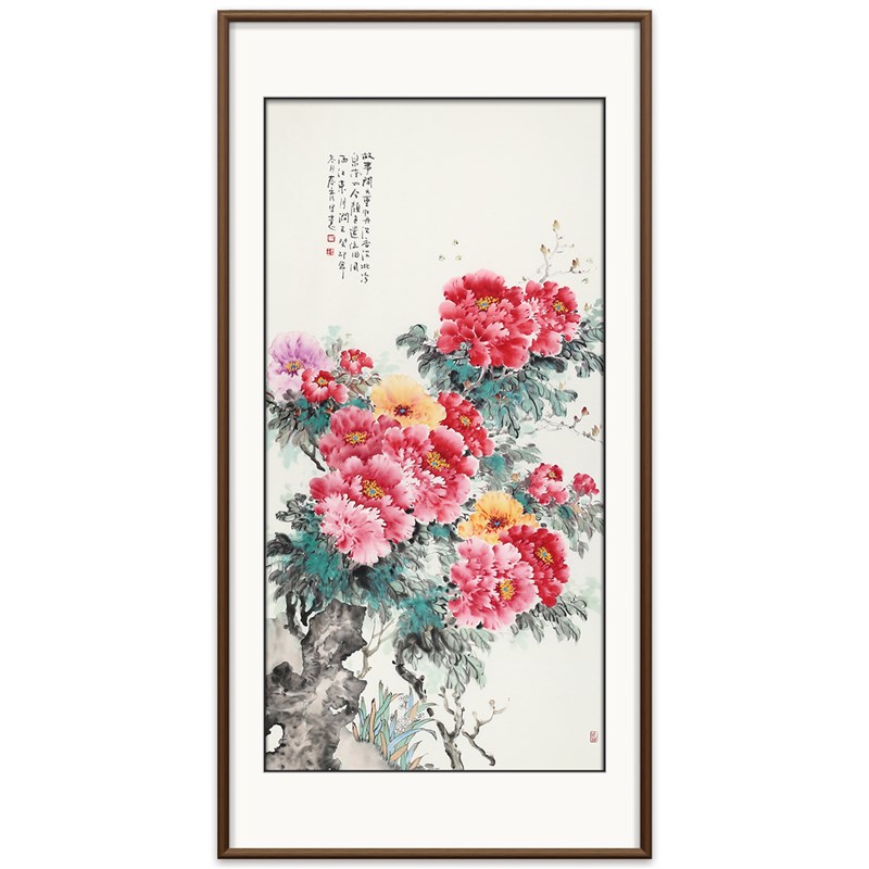 2024年新款牡丹玄关国画新中式装饰画美协名家真迹手绘走廊过道画