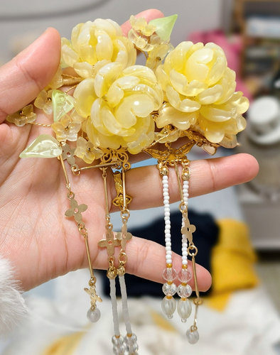 剧本杀流芳方圆伴手礼重工古风发饰黄玫瑰琉璃发夹