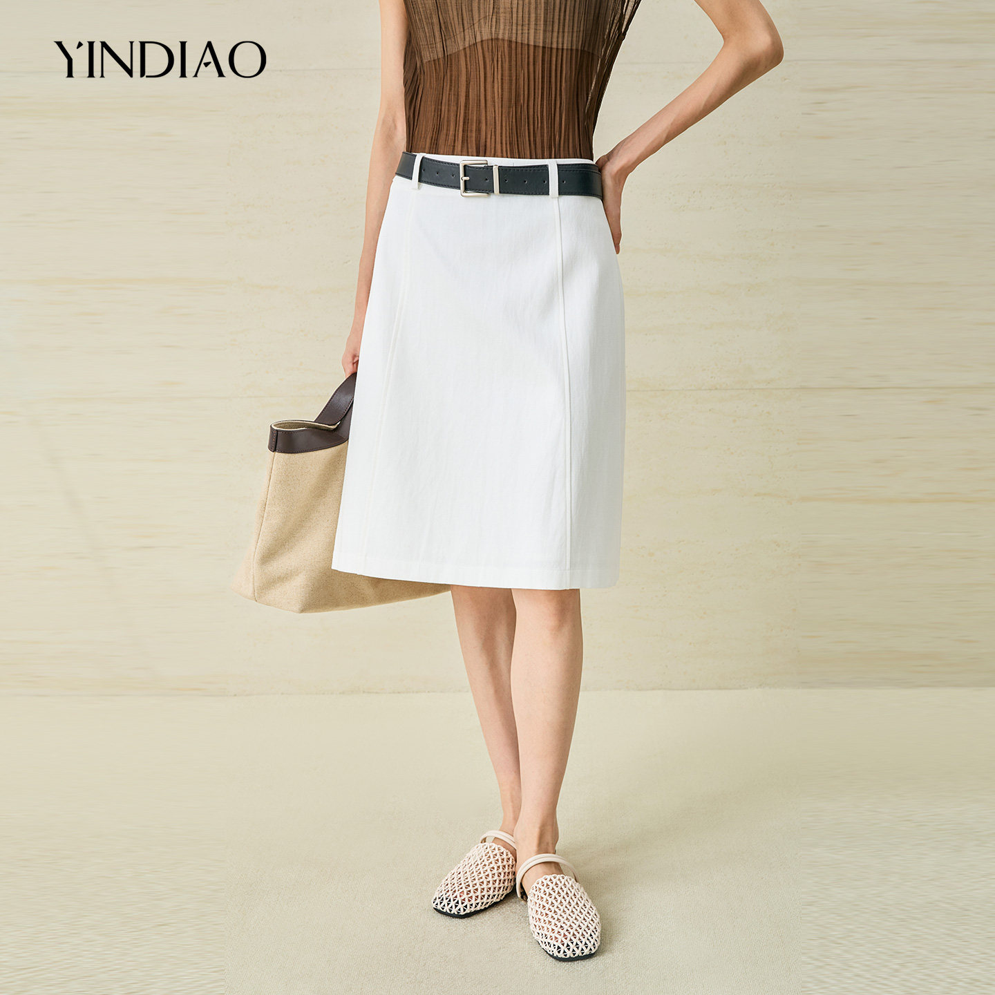 YINDIAO引调腰带莱赛尔净色半裙