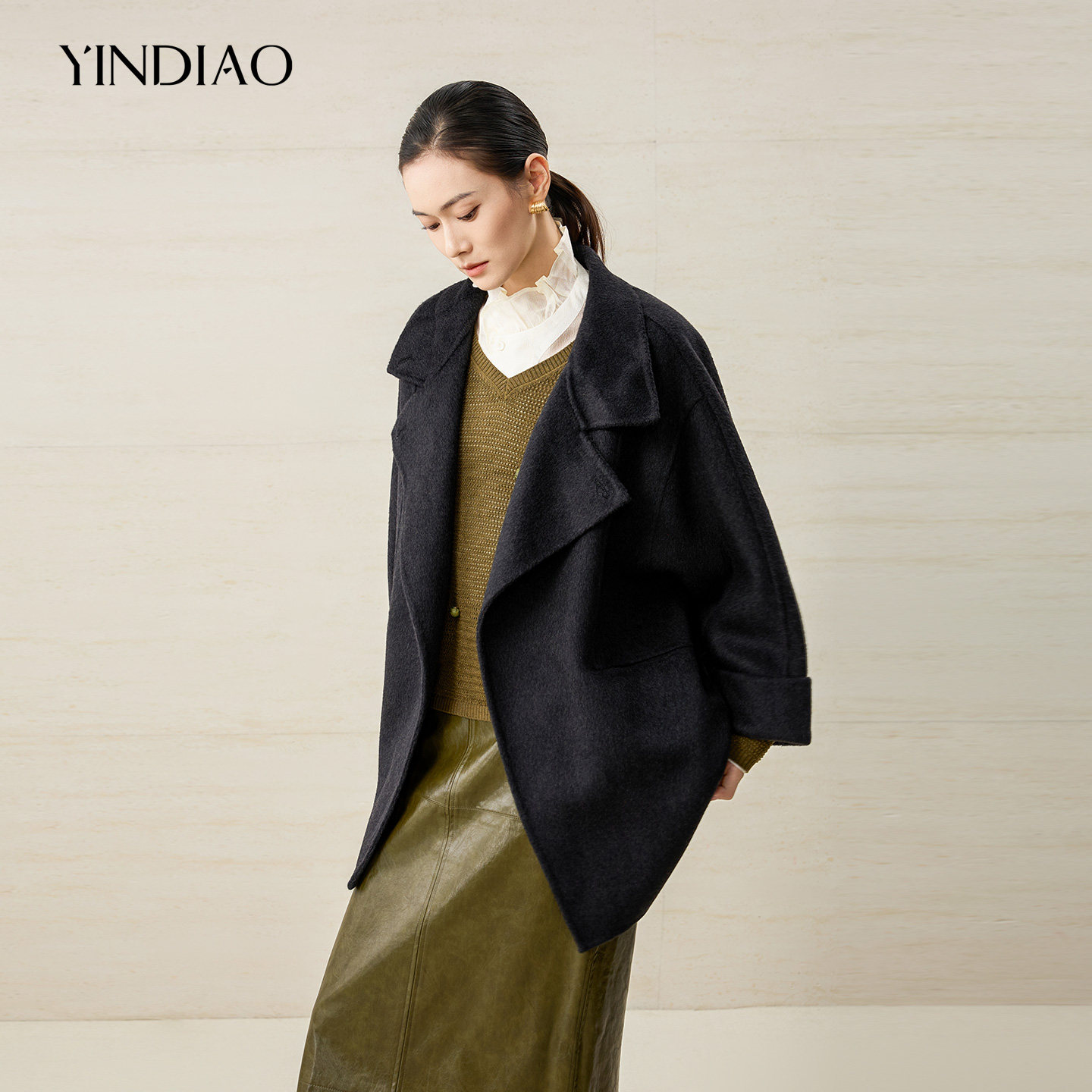 YINDIAO引调简约通勤百搭2026冬新款立领绵羊毛双面毛呢大衣外套