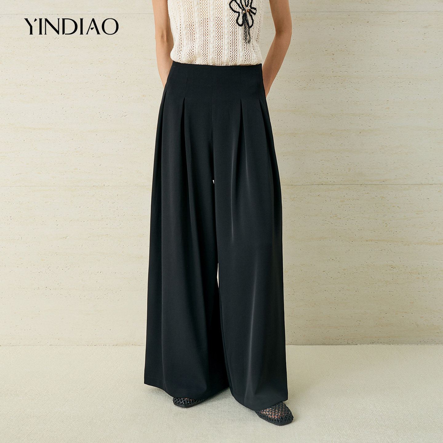 YINDIAO引调净色压褶高腰阔腿裤