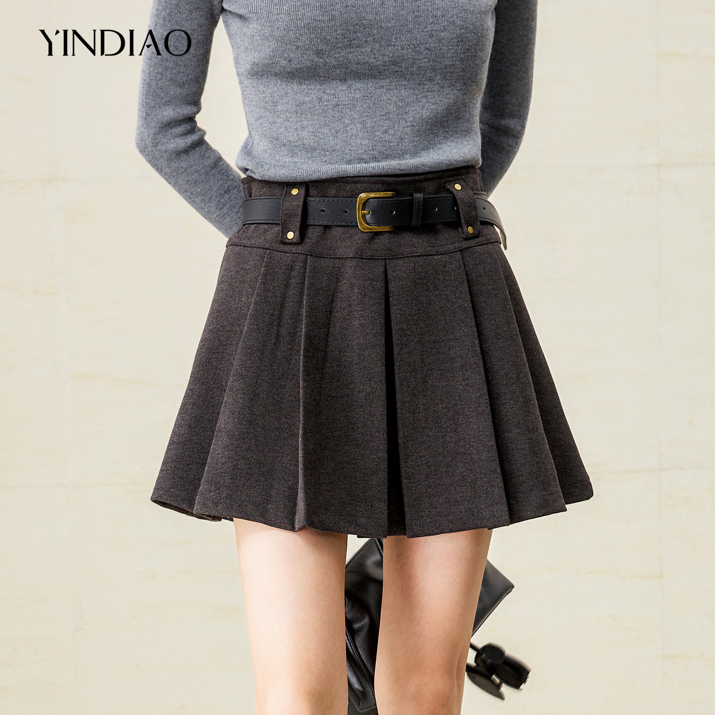 YINDIAO引调配腰带百褶呢料短裙