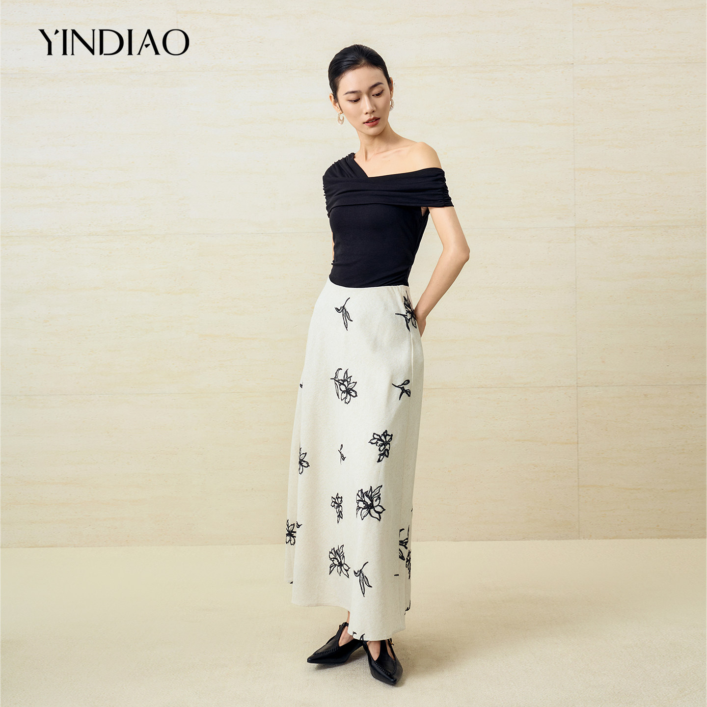 YINDIAO引调含亚麻侧拉链半裙