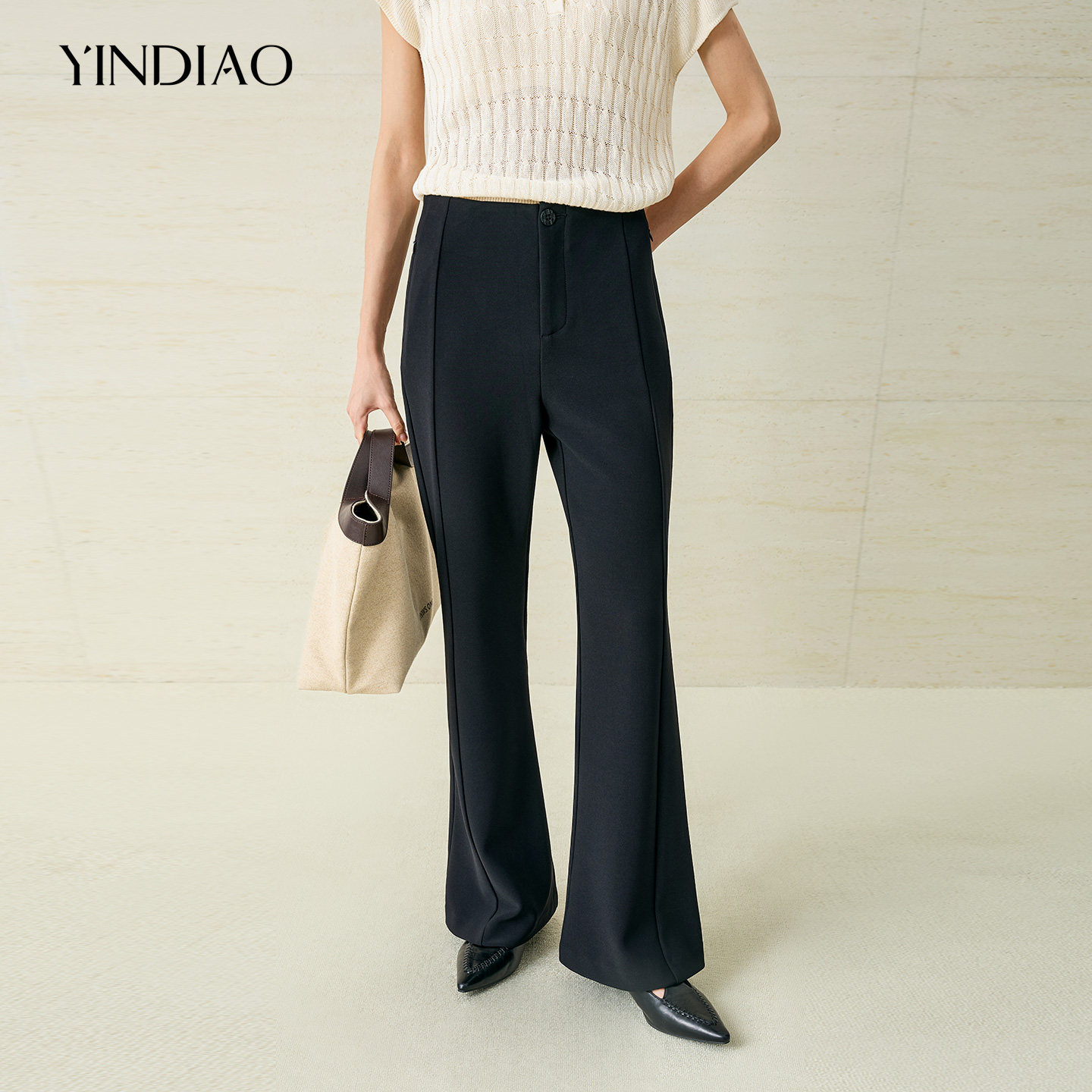 YINDIAO引调净色拉链口袋喇叭裤