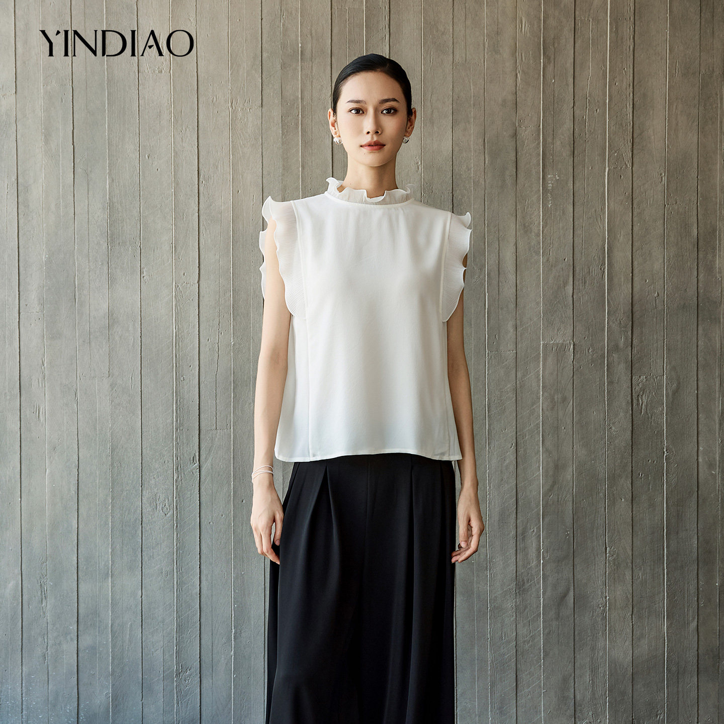 YINDIAO引调通勤松弛2026夏木耳边桑蚕丝真丝衬衫飞飞袖宽松上衣 引调通勤实拍商品图