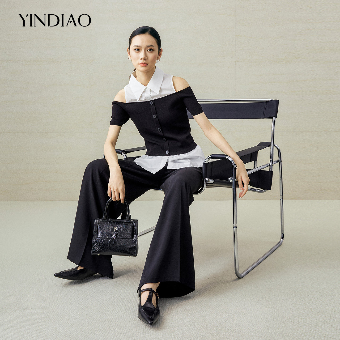 YINDIAO引调拼接撞色翻领小衫