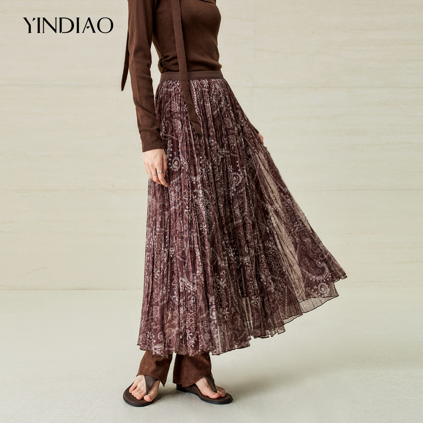 YINDIAO引调松紧腰印花褶皱半裙
