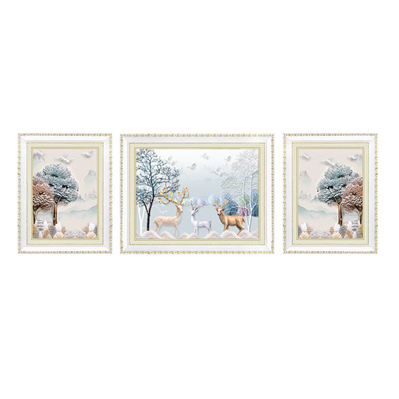 欧式装饰画客厅挂画简欧沙发背景画墙画轻奢壁画大气麋鹿画三联画