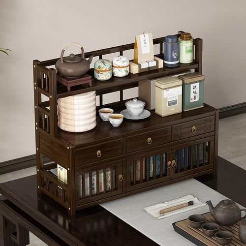 2024新款桌面茶杯收纳置物架子实木博古架中式紫砂壶茶具摆件展架