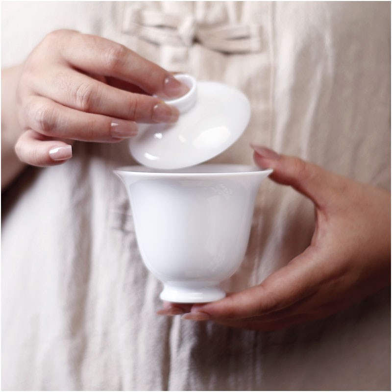 韩祠茗品含香潮州羊脂玉白瓷二才高足盖碗反口防汤大号泡茶碗
