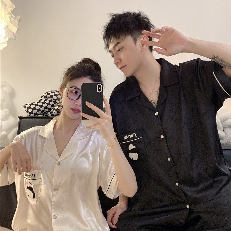 睡衣情侣冰丝卡通熊猫一男一女夏季短袖薄款丝绸高级感家居服套装
