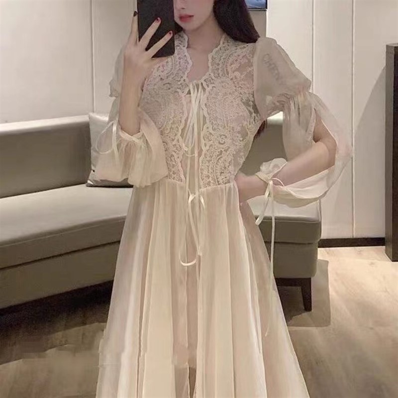 睡裙女蕾丝网纱法式复古宫廷公主风纯欲新娘睡袍仙女晨袍大码睡衣