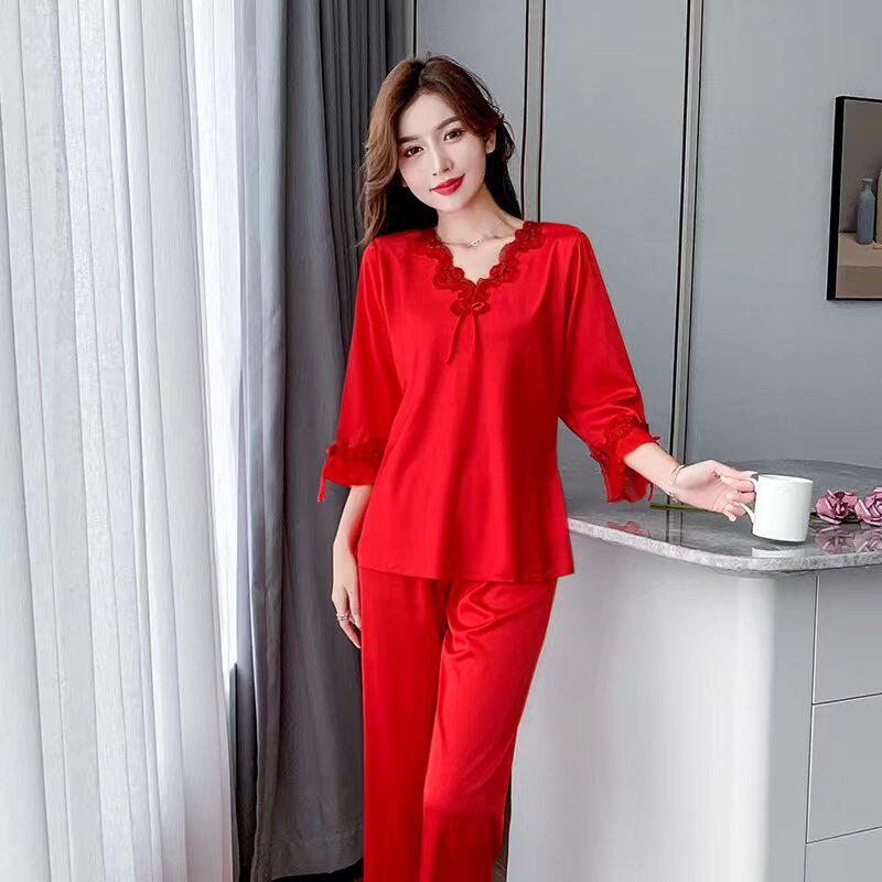 睡衣女冰丝春夏薄款本命年大红丝绸外穿家居服两件套装空调服