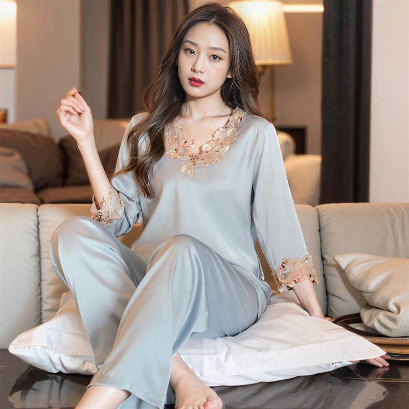 桑蚕丝女士睡衣中年妈妈礼物家居服真丝蕾丝女七分袖长裤套装蕾丝