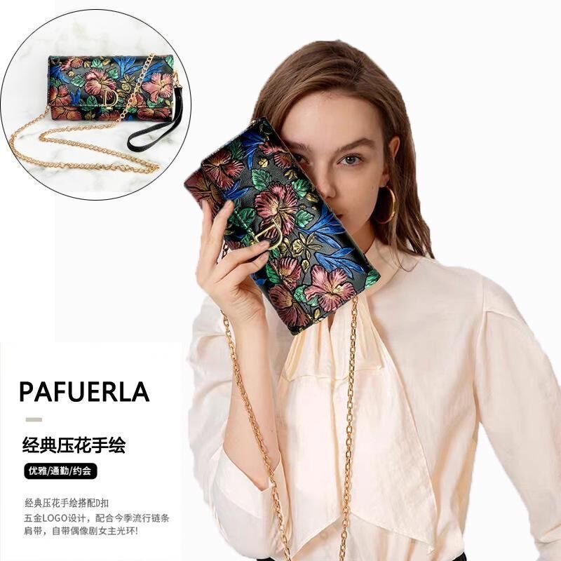 新款真皮牛皮手拿包女彩绘长款钱包女士斜挎包压花时尚手包大容量