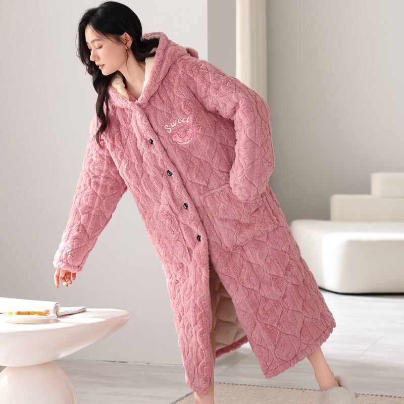 睡袍冬款女加绒加厚珊瑚绒睡衣超厚秋冬长款三层加棉保暖女生浴袍
