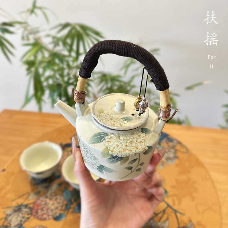 扶摇米黄汝窑竹编提梁壶绣球花茶壶泡茶功夫开片陶瓷壶单壶大容量