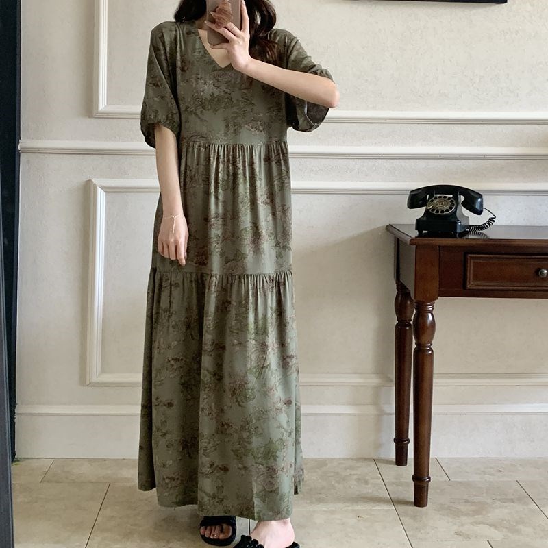 棉绸睡裙女夏季甜美短袖连衣裙子人造棉加长款大码绵绸睡衣家居服