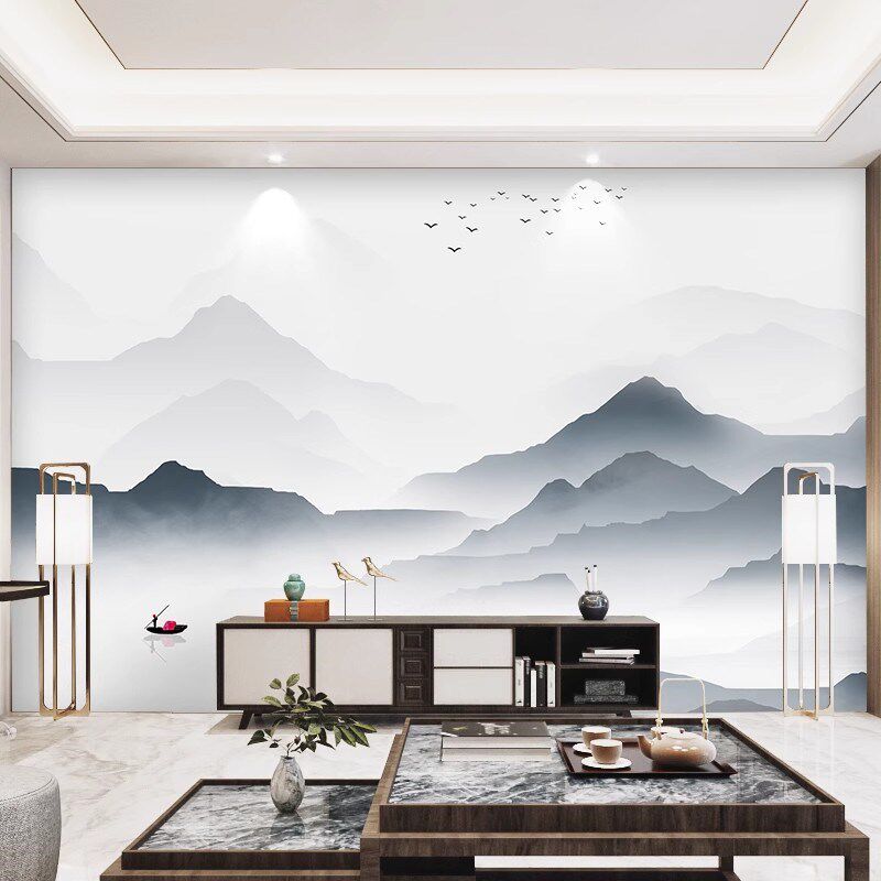 中式山水画碳晶板电视背景墙护墙板水墨意境客厅沙发竹木纤维墙板
