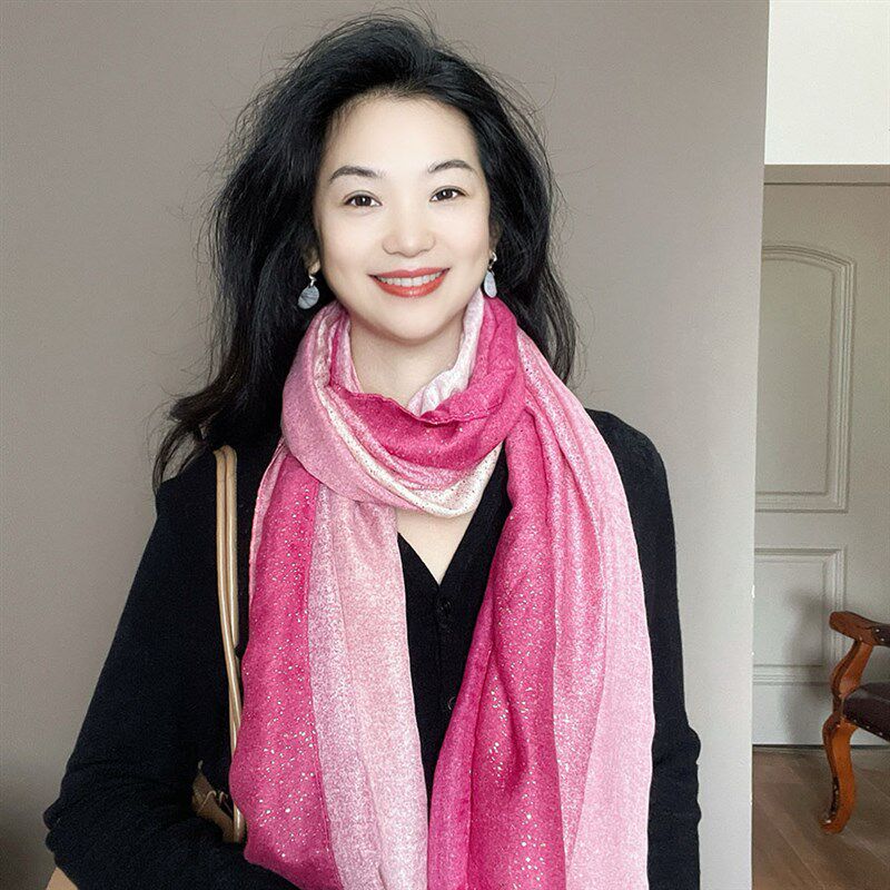 玫红色渐变烫金围巾女春秋薄款棉麻长款冬季丝巾披肩两用保暖围脖