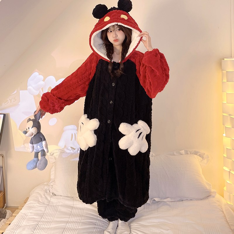 珊瑚绒睡袍女秋冬季2024新款连帽保暖加厚加绒睡衣冬天家居服套装