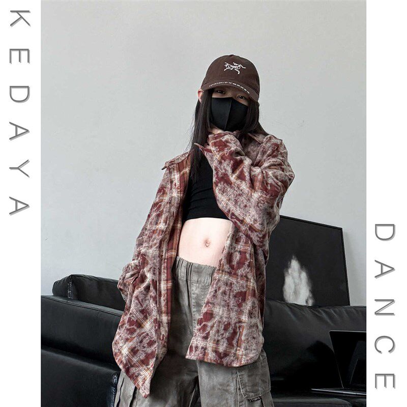 秋季新款童装男女儿童嘻哈街舞长袖格子衬衫开衫外套潮酷演出服